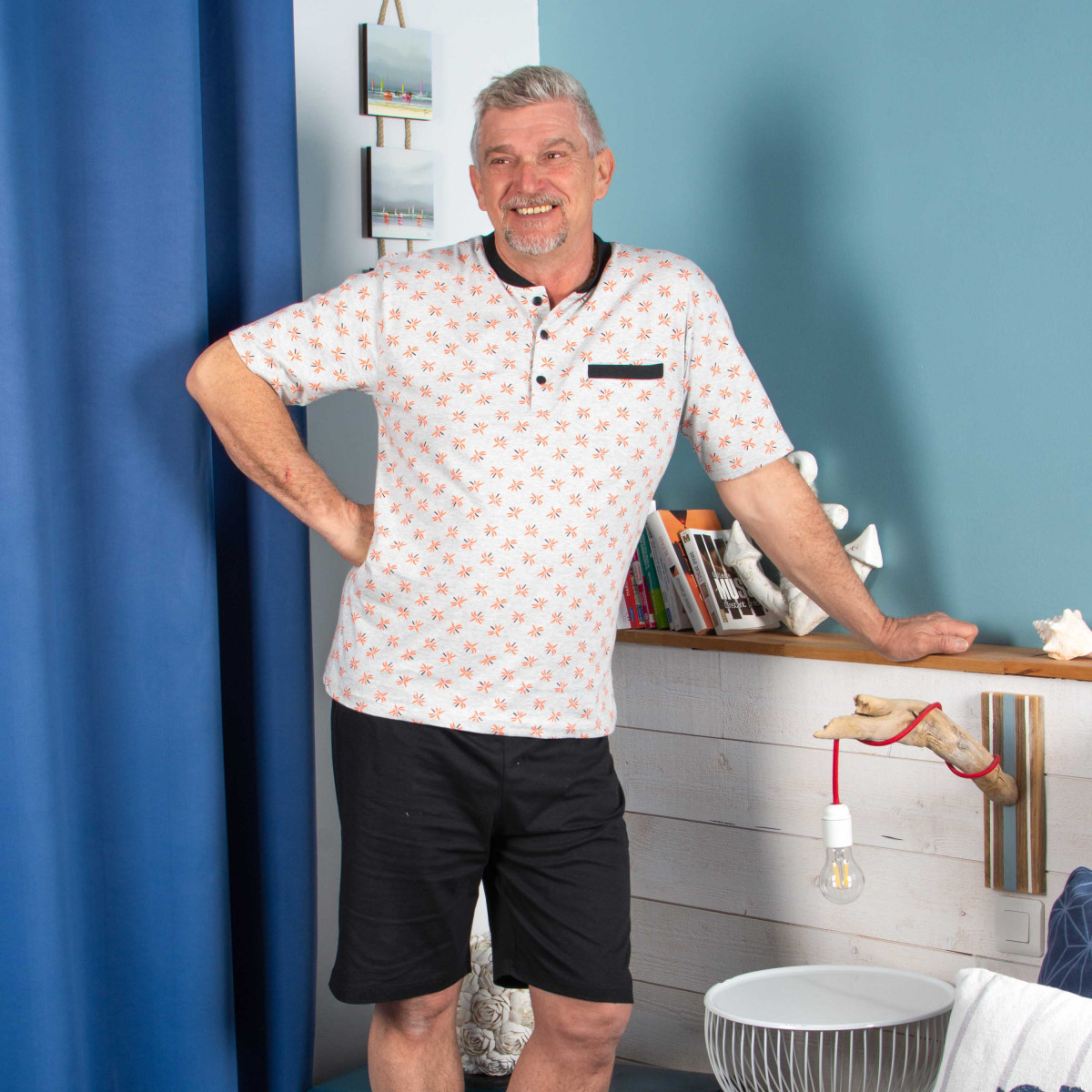 Bresdk Pyjama Shorty Homme Court Pyjama Été Carreaux Shorts Loungewear Chemise De Nuit Bleu M